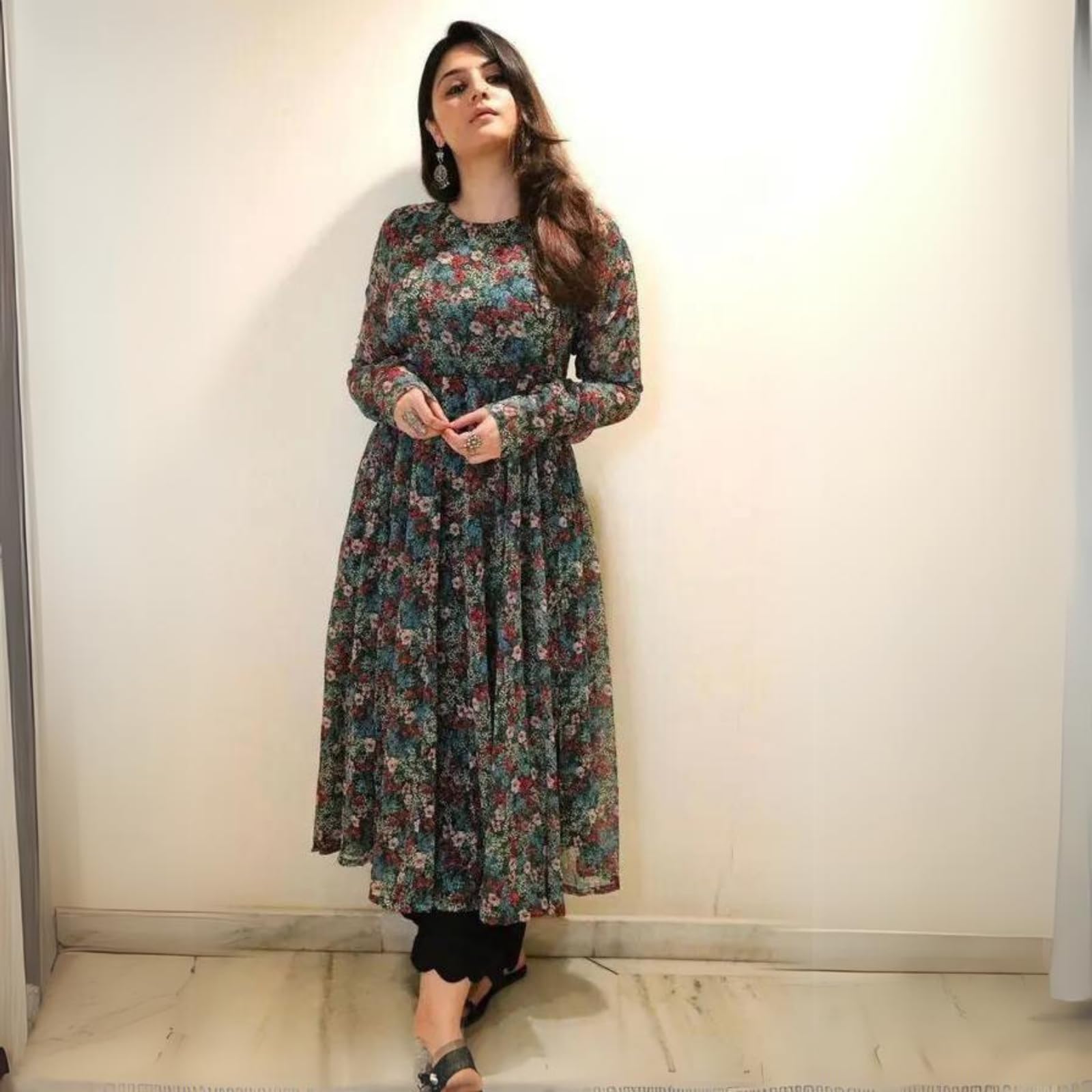 Fashion2wear Printed Georgette Stitched Anarkali Gown for Women (Green) 4