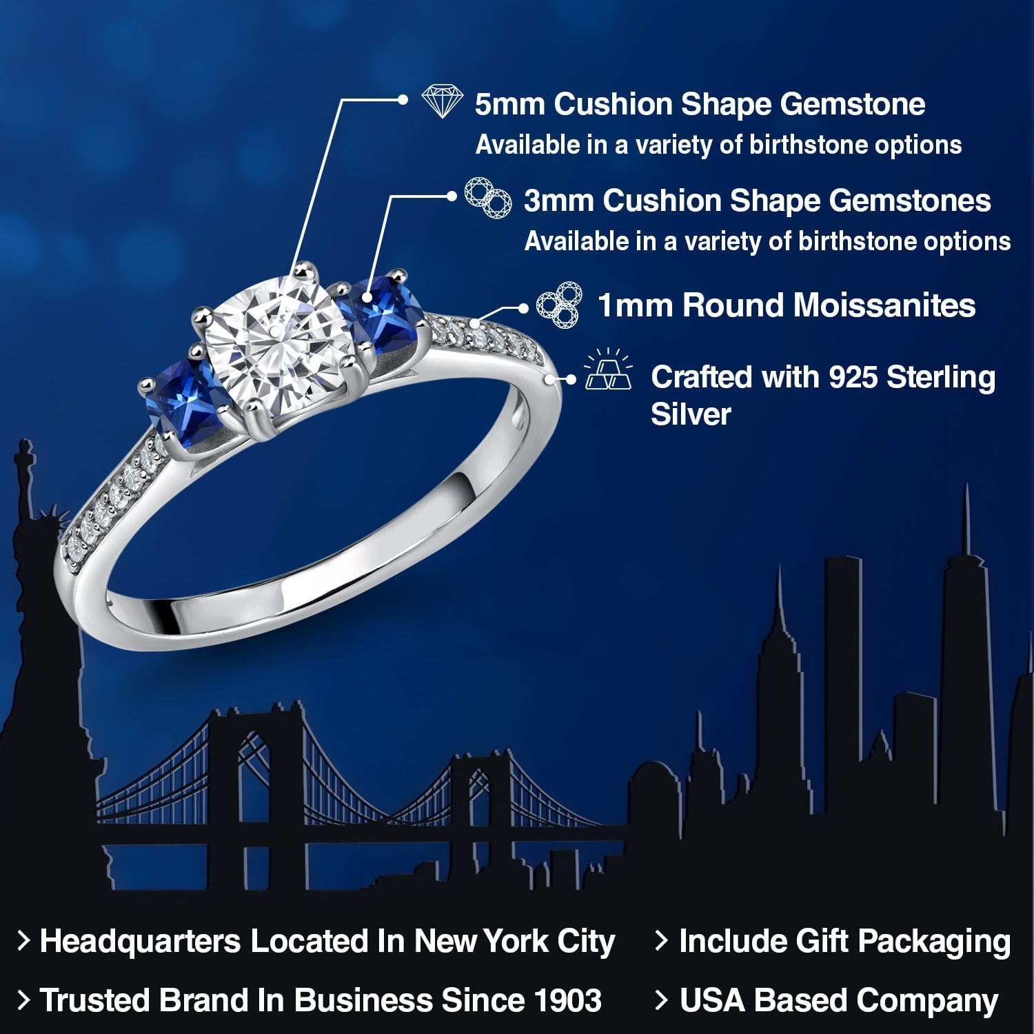 Gem Stone King White Moissanite and Blue Created Sapphire 3-Stone Engagement Ring For Women | 925 Silver | 0.96 Cttw | 3MM and 5MM Cushion | 3 Stone Wedding Anniversary Ring For Women