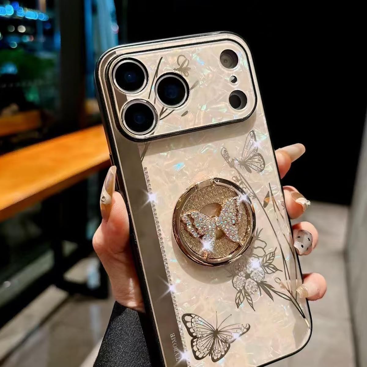 for iPhone 17 Pro Glitter Kickstand Case, Cute Bling Marble Conch Floral Butterfly with Ring Stand Mirror Back Elegant Shockproof Protective Cover for Girls Women for iPhone 17 Pro 6.3", Gold - Image 4