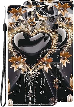 Case for Infinix NOTE 12 G96/X670,Black Heart Jewellery Yellow Crown Painting Multifunction Leather Phone Case Wallet Flip Cover with Multi Card Slots Pocket Wrist Strap for Infinix NOTE 12 G96/X670