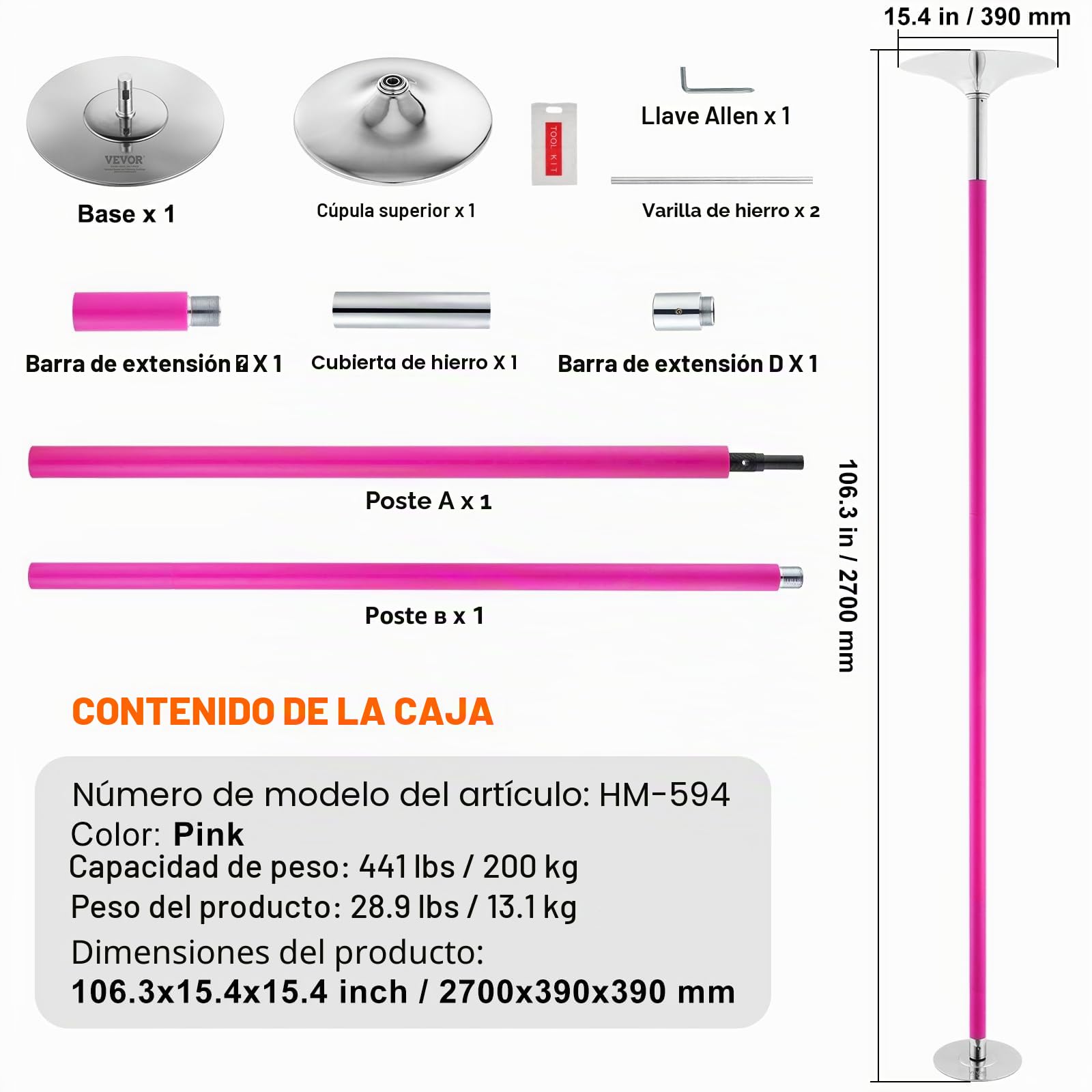 VEVOR Bastón de baile profesional, kit de bastón de baile estático giratorio, poste extraíble portátil, poste de acero inoxidable resistente de 45 mm, poste de fitness ajustable en altura, para