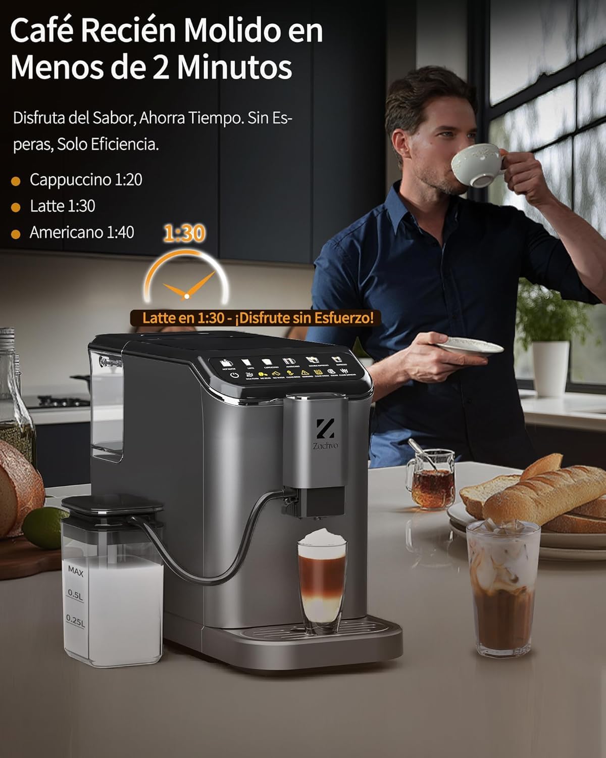 Macchina Caffè Automatica per Grani – Espresso Autentico, Sistema Latte per Colazione, 15 Livelli Macinatura, Doppia Caldaia, Pulizia Facile