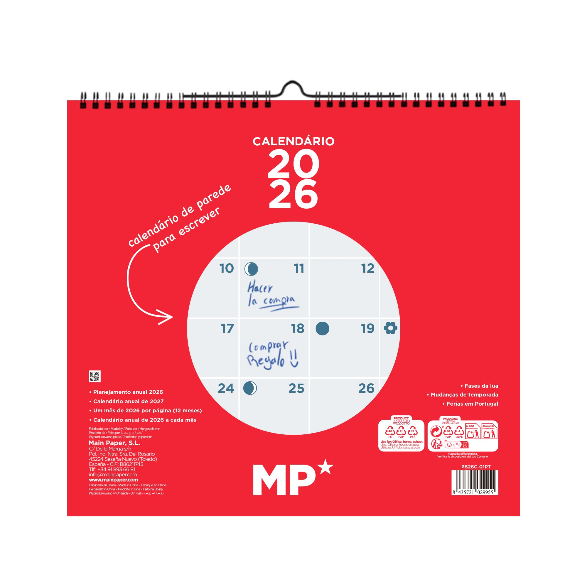 MP -Wall Calendar 2026 Month View January - December (12 Months), 2026 Yearly Planner, Neutral Monthly Planner - Férias em Portugal,26.5x24.5cm