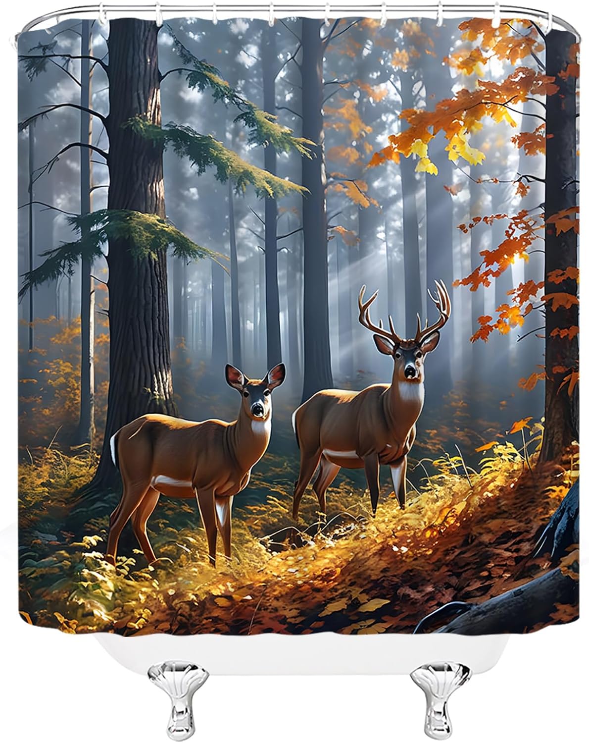 Deer Forest Extra Long Shower Curtain Cabin Animal Tree Moose Jungle Fall Nature Scenery Wildlife Brown Fabic with Hooks for Bathroom Decor,70x84 Inch