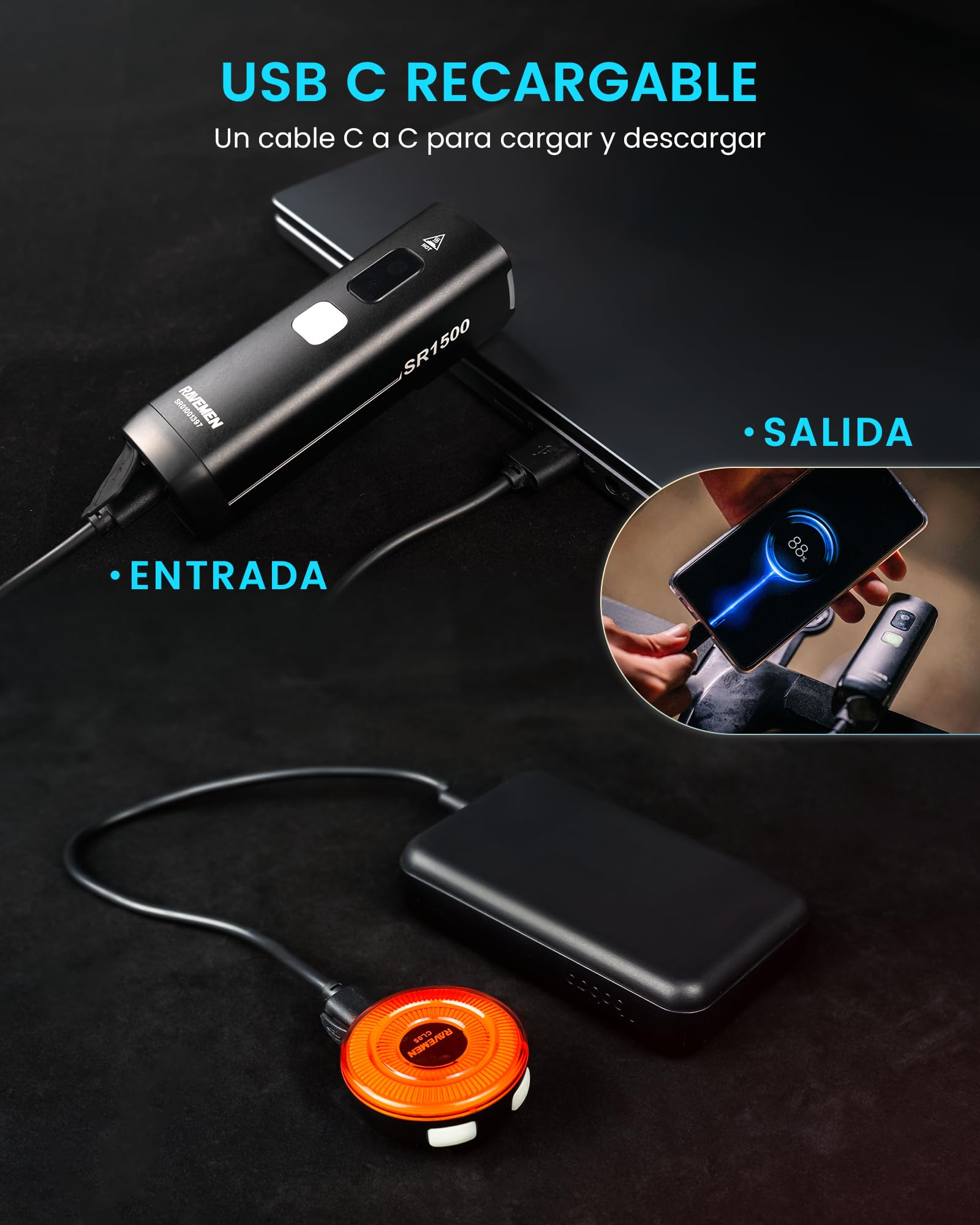 RAVEMEN SR1500 Luces Delanteras y Traseras para Bicicleta, Conjuntos de Faros Delanteros y Traseros Inteligentes, 1500 Lúmenes Recargable USB C IPX7 para Ciclismo de Montaña, Carretera y Urbano