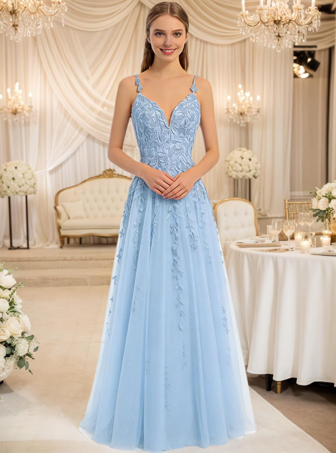 Tulle Prom Dresses for Teens 2026 Sparkly Lace Long V Neck Spaghetti Straps Ball Gown for Women Formal