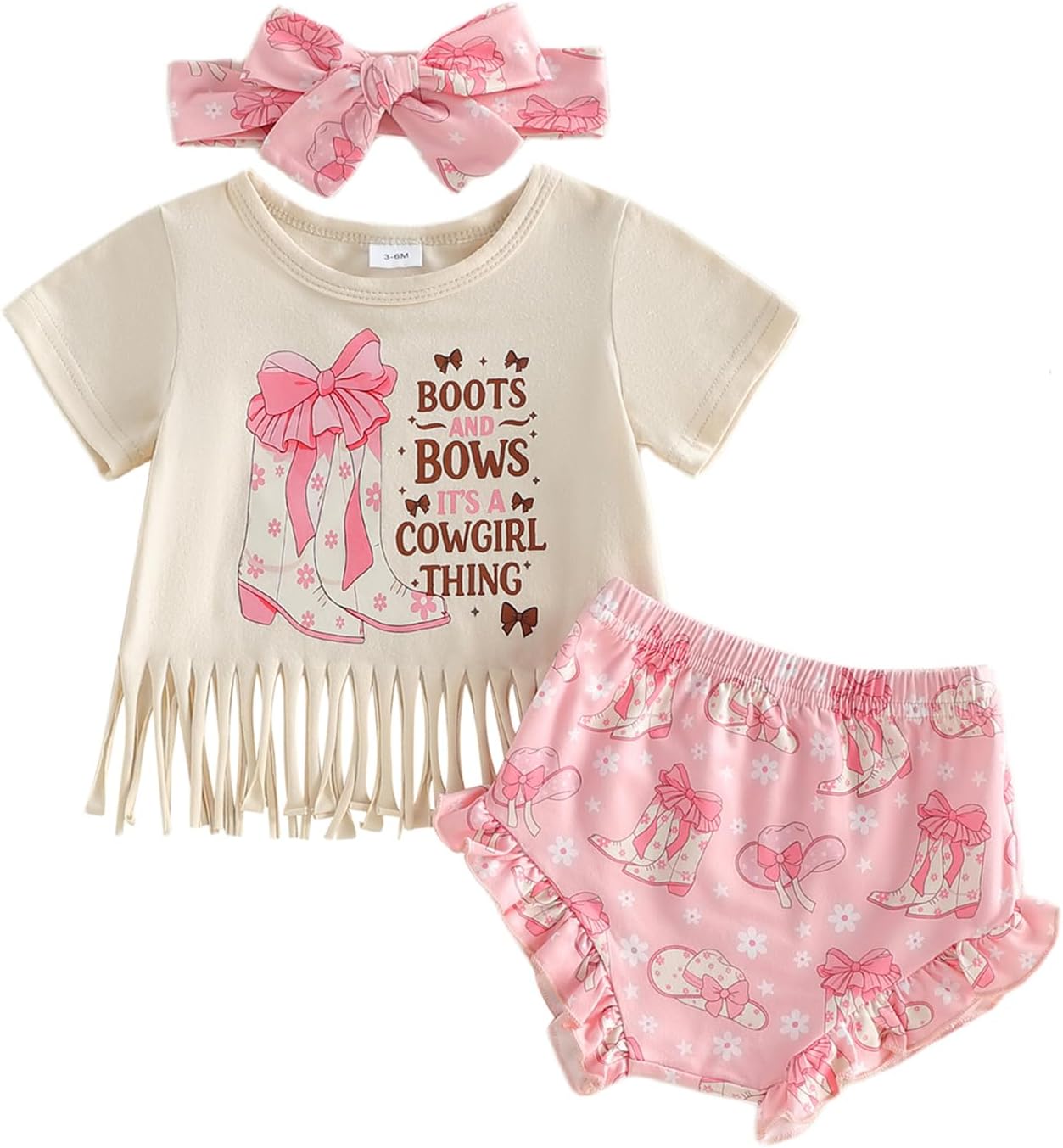 Western Baby Girl Clothes Summer Short Sleeve Letter Tassel T Shirt Romper Bloomer Shorts Set Infant Country Outfit