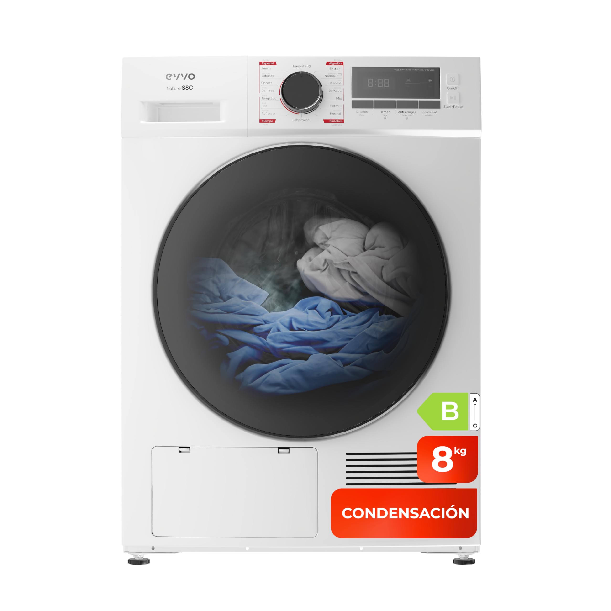 EVVO Secadora 8 kg condensación S8C, Clase energética B, Airfresh, Sensor de humedad, Antiarrugas, Inicio diferido (S8C Blanco)
