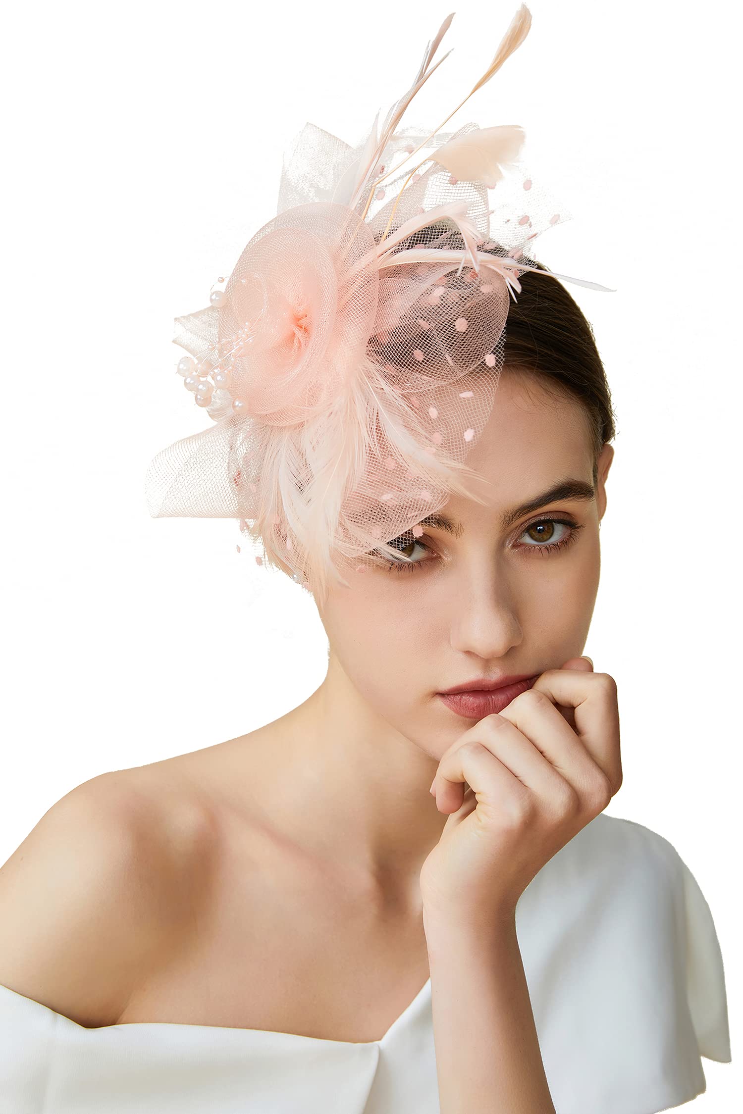 BABEYOND Mesh Feather Fascinator Flower Hair Clip Fascinators Hat Bridal Headpiece Wedding Church Tea Party Derby Hats Race Hatss (Champagne)