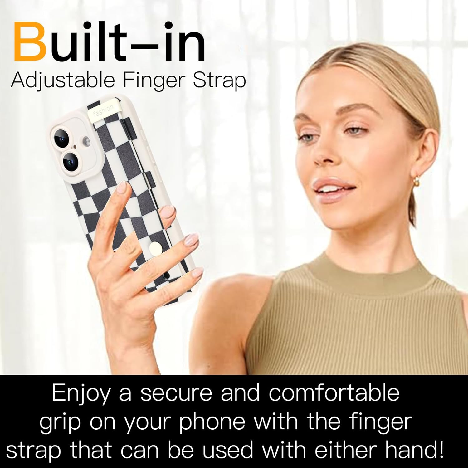 SOKAD for iPhone 17 Case with Wrist Strap Kickstand, Cute Checkered Phone Case for Women Men with Finger Strap, Slim Soft Silicone Full Camera Protection Cover, Black & White - Image 2