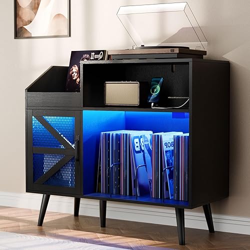 Miniatura 8 de Loomie Soporte grande para tocadiscos con toma de corriente y luz LED, gabinete de almacenamiento de discos de vinilo 350 con puerta magnética, mesa