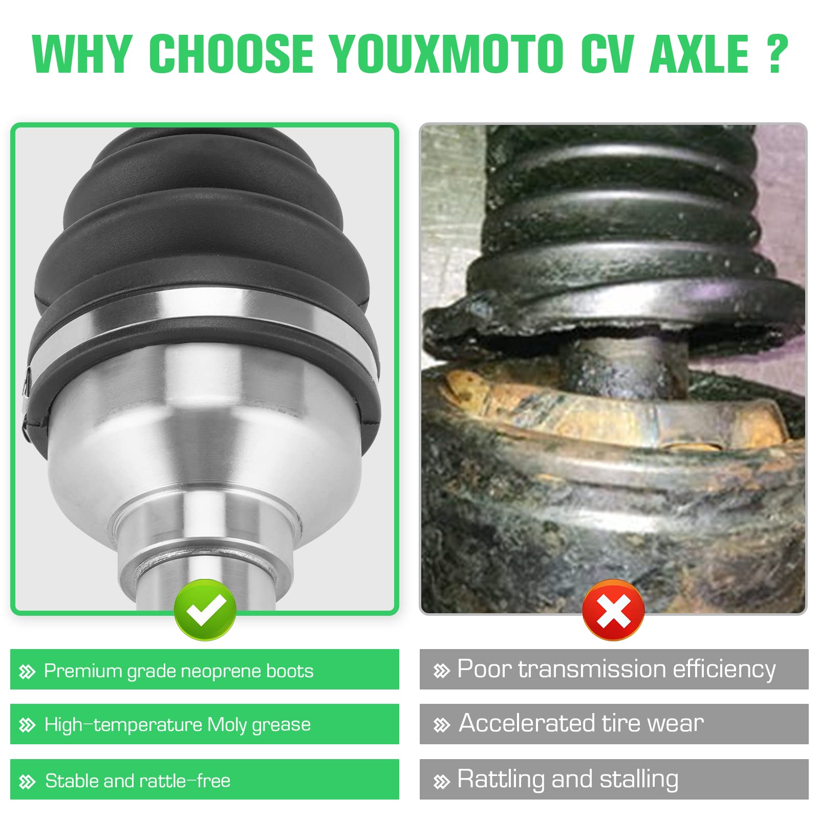 Youxmoto Rear CV Axle For Yamaha Rhino 450 & 660 (2006-2009) - Left/Right, 4340 Chromoly Steel, Includes TPEE Boots - Replaces OEM 5UG-F530T-20-00