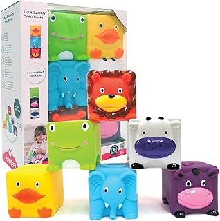 Edushape Soft & Squeezy Critter Blocks - Set of 6 Animal Soft Baby Blocks - Stacking Blocks in Animal Shapes - Soft Baby Blocks for Toddlers, Babies - Construction Sensory Play and Child Development