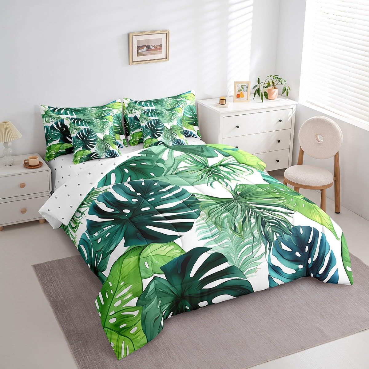 Erosebridal Palm Leaf Comforter Set 7 Piece Twin Size, Green Leaves Bedding Bed in A Bag, Rustic Farmhouse Flower Comforter Set Branches Leaves Country Sheet Set Palm Leaves Pillow Cases