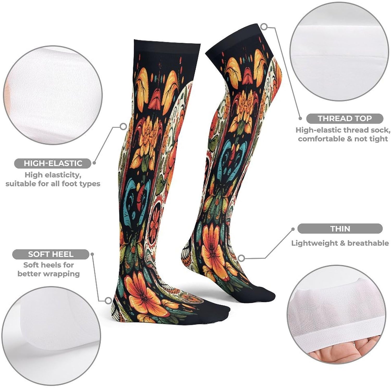Colorful Sugar Skull Women High Waist Fishnet Stockings Stretch Mesh Pantyhose Sexy Trendy Legwear for Daily Wear
