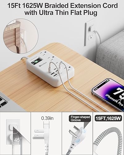 Miniatura 3 de 6 USB (2 USB C) Protector de sobretensiones - Cable de extensión de 15 pies con 6 estaciones de carga USB y 4 tomas, cable de extensión largo
