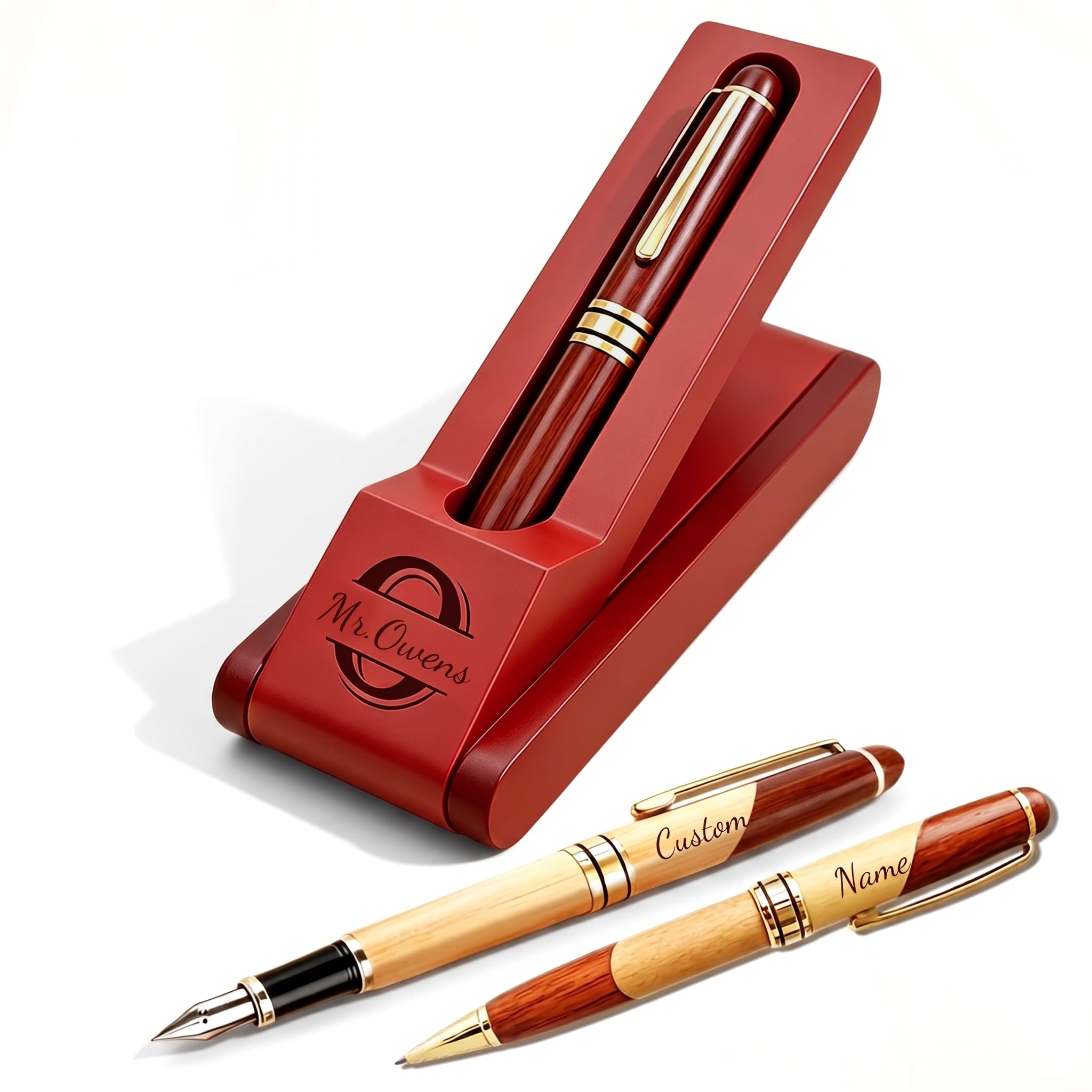 KBPTM Personalised Engraved Wooden Ballpoint Pen Gift Set, Custom Folding Storage Box with Customised Black Gel or Fountain Pen for Business Teacher Graduate,Rosewood
