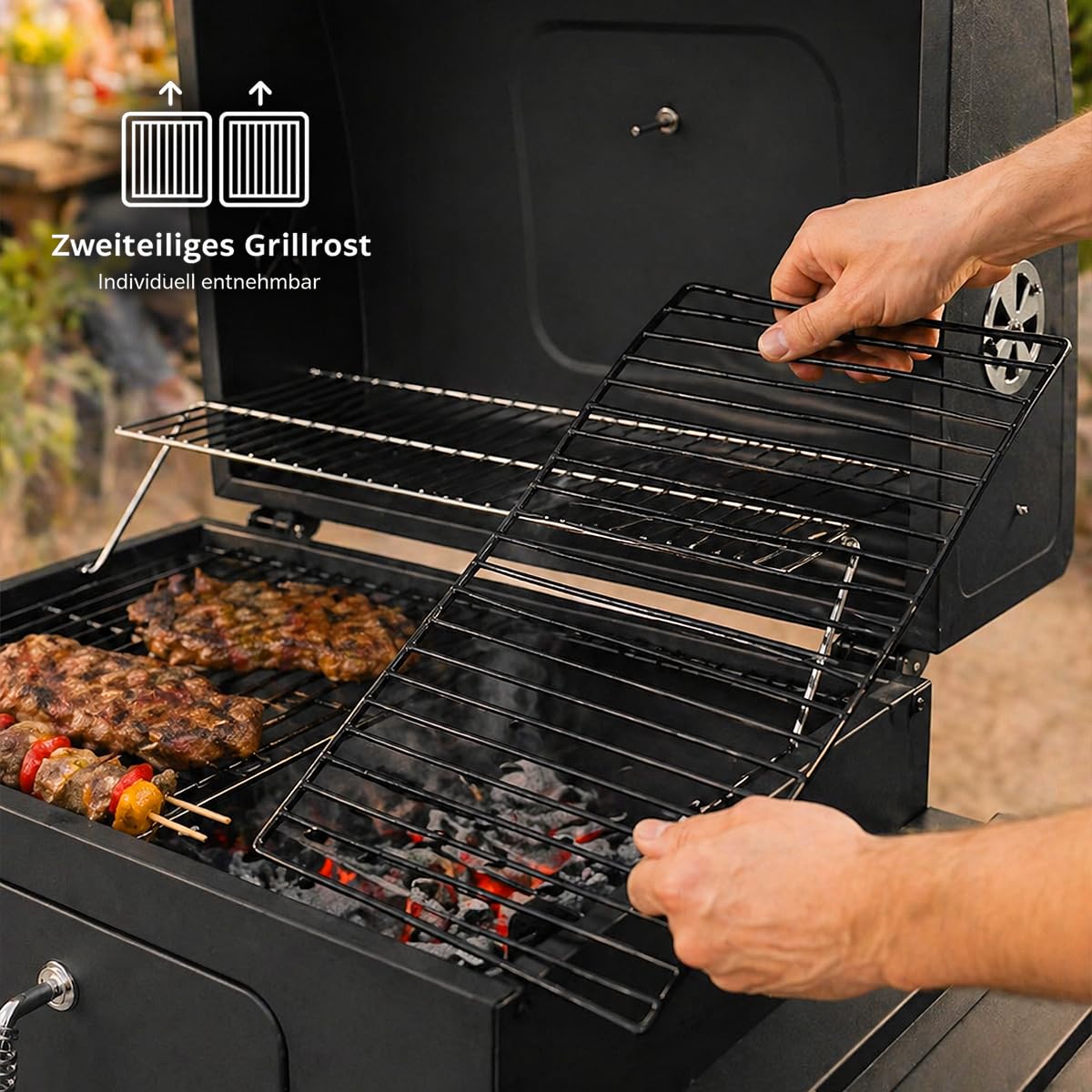 Holzkohlegrill XL BBQ Grillwagen Verstellbarer Standgrill mit Deckel Quadratischer Barbecue Gartengrill aus Eisen - Garten Camping Terrasse - Grillrost und Thermometer Holzkohle Grill