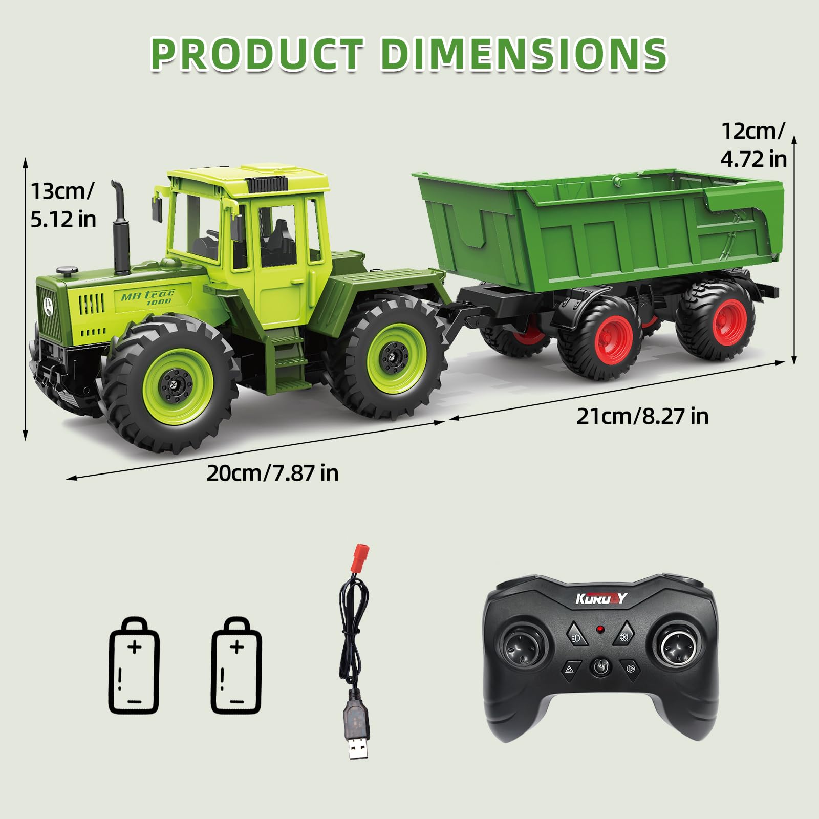 Bonikita Remote Control Tractor toy with Trailer, Automatic Lifting Function, LED Lights & 2 Rechargeable Batteries - Image 2
