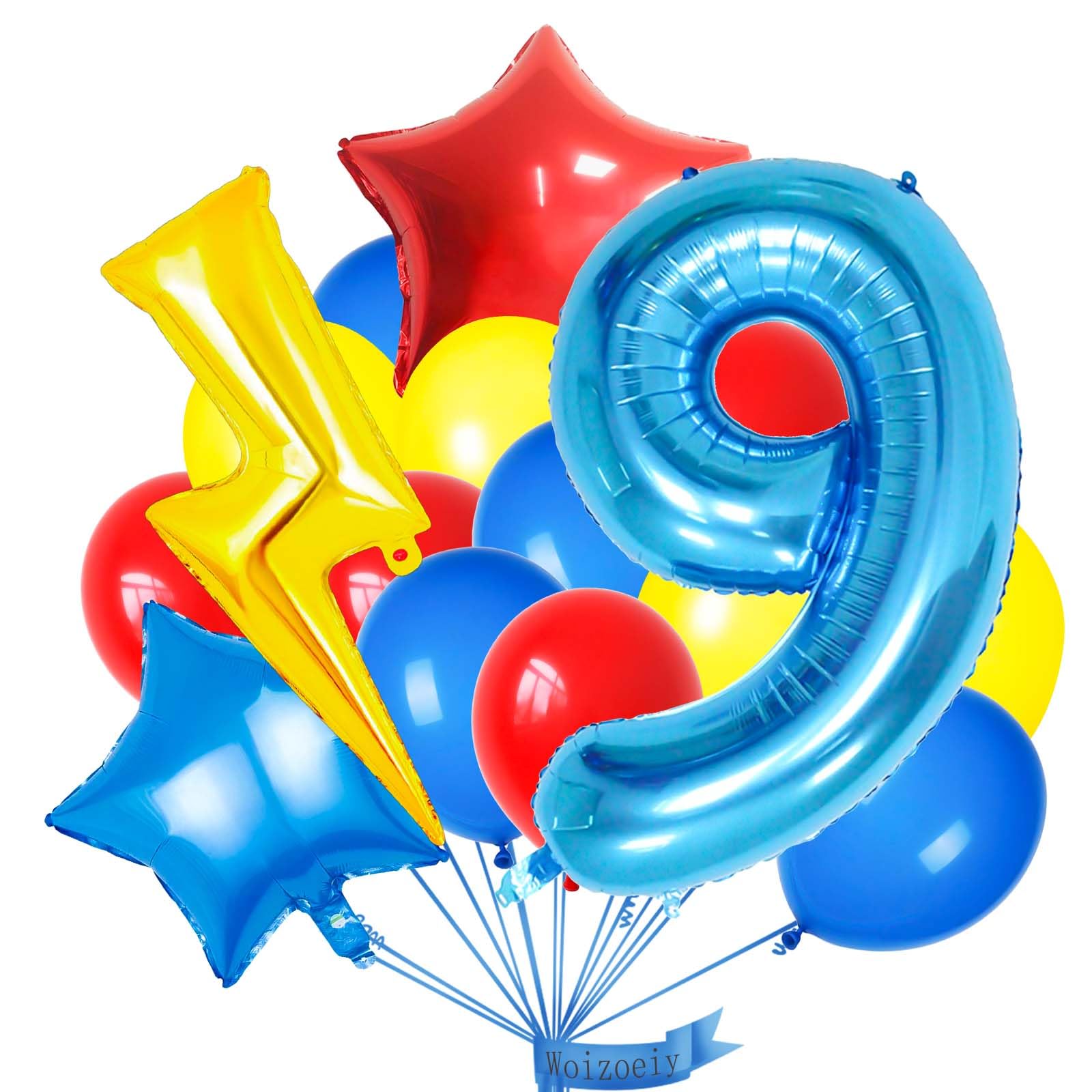 40 Inch Blue 9 Balloon Number, Latex Red Black Yellow Balloons, Mylar Lightning Balloons for Kids Cartoons Theme 9th Birthday Baby Shower Decorations