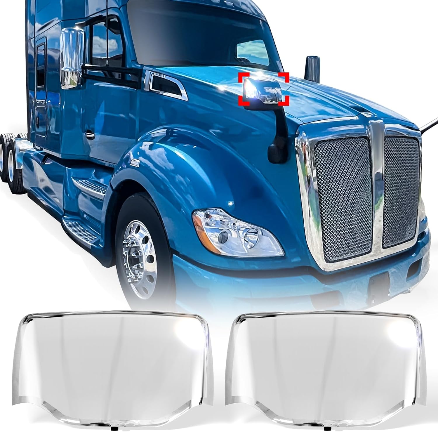 High Soar Chrome Hood Mirror Covers for Kenworth T680 / Peterbilt 579 587, Driver & Passenger Side (A Pair)