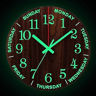 Wall Clock -12 Inch Luminous Wall Clock Silent Wooden Design Night Lights Round Wall Clock for Bedroom Bathroom Kitchen Living Room (Battery Not Included)