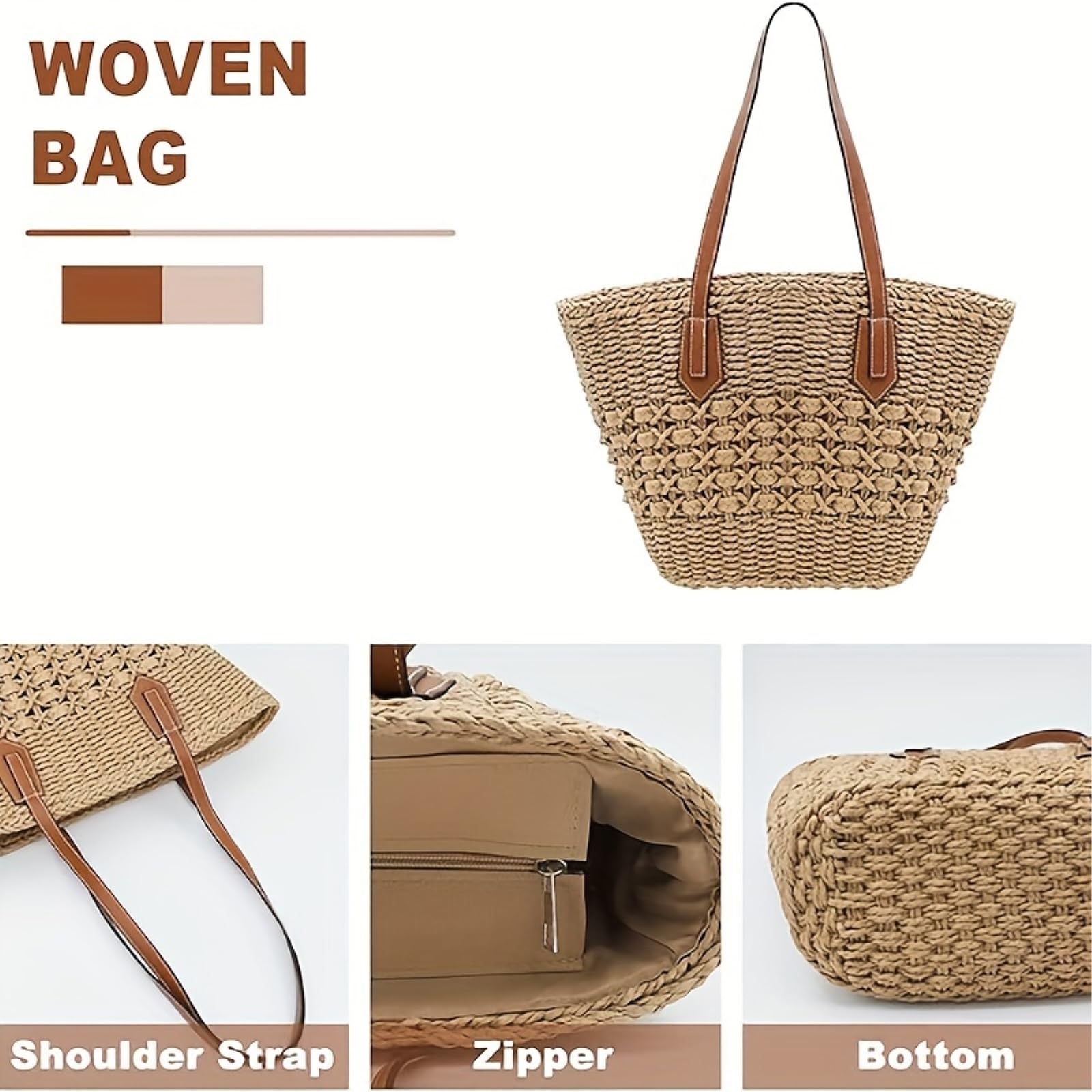Umhängetasche Bohemia Frauen Schultertaschen Große Kapazität Sommer Korb Strohtasche Für Reise Strandtasche-Khaki