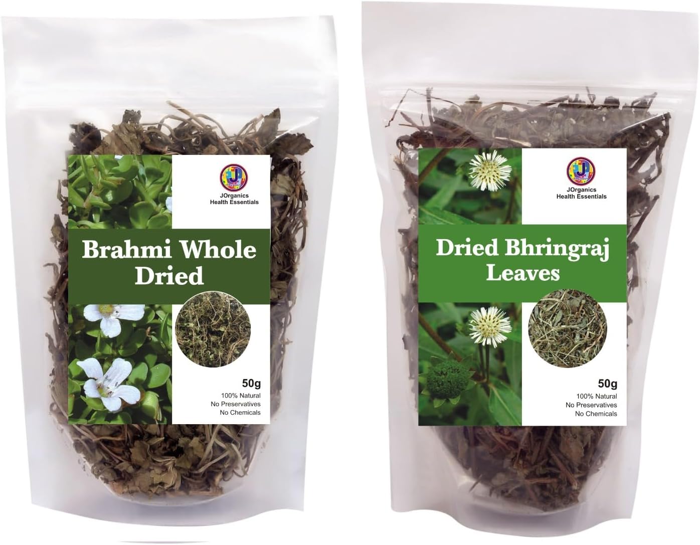 Jioo Organics Bhringraj Dry Leaves and Dry Brahmi Leaves,Neerbrahmi, Water Hyssop (Combo of 2,Pack of 50 Grams)