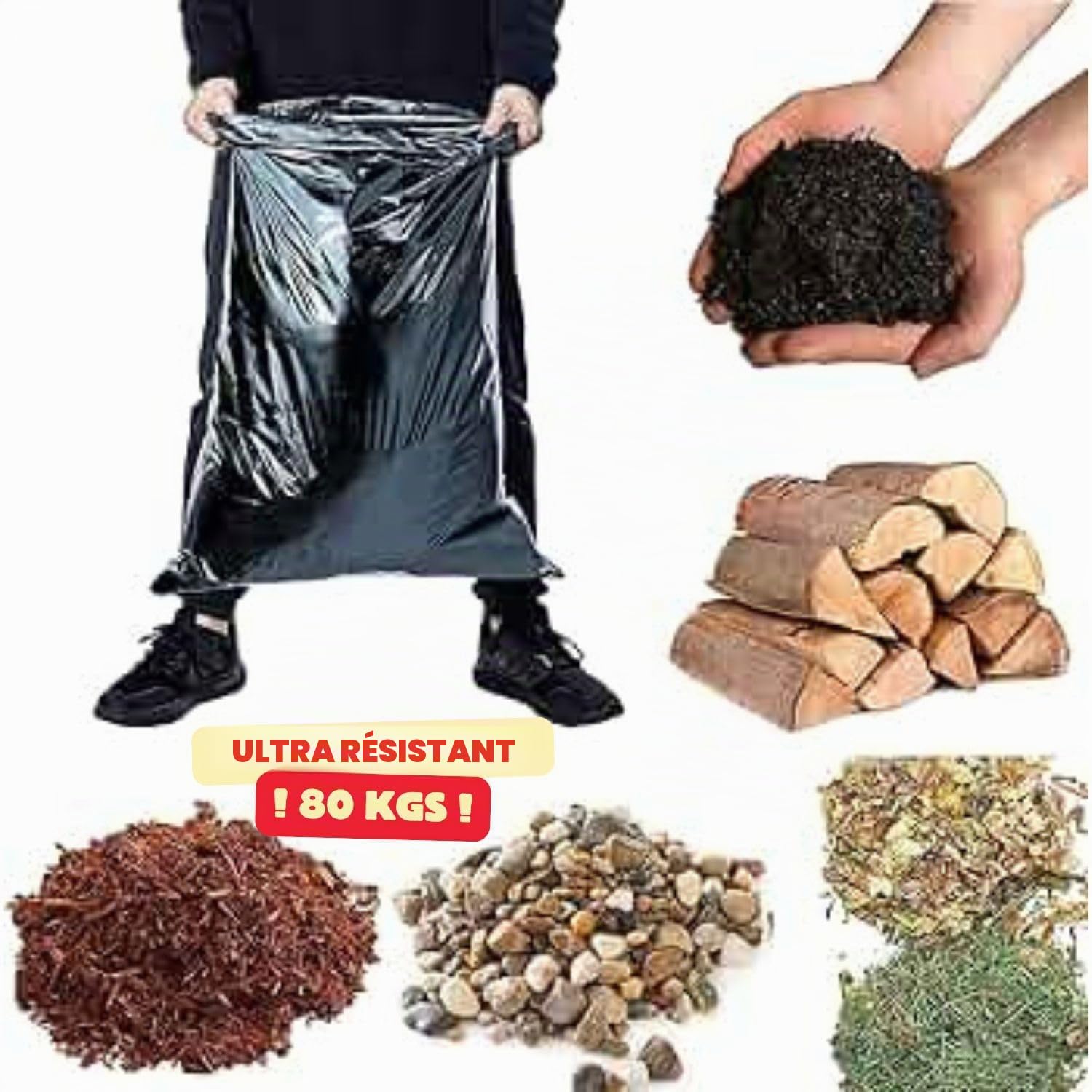 Sac Gravat Chantier 50 Litres - Ultra Résistant - ! 140 Microns ! - Carton de 100 - Anti Inondation - Jardinage - Déchets de Construction et Habitation