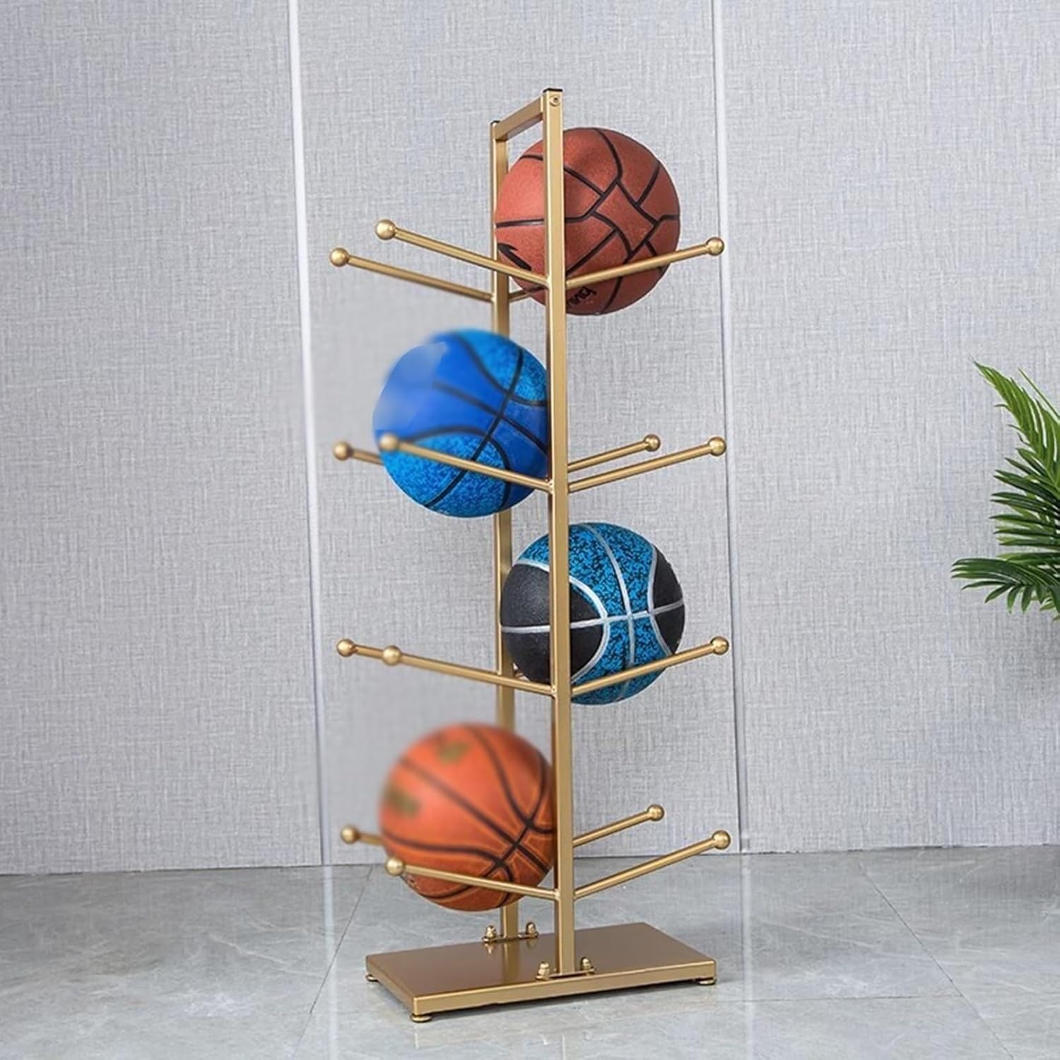 Sports Ball Organizer Rack with Non-Slip Foot Pads, Vertical Basketball Rack Ball Storage Holder,4 Layer