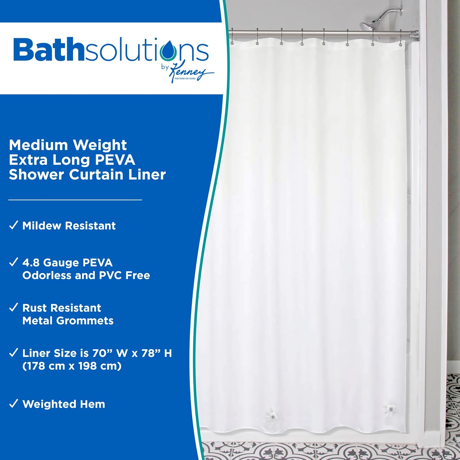 Kenney KN61469 Medium Weight 5 Gauge Extra Long Waterproof PEVA Shower Curtain Liner with Rust-Resistant Metal Grommets and Weighted Magnetic Hem for Bathroom, 70" W x 78" H, White