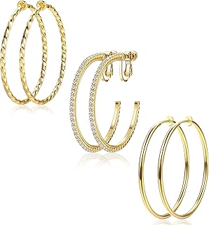 3 Pairs Clip On Hoop Earrings for Women Large Gold Hoop Earrings Fake Hoop Earrings Spring Twisted Cubic Zirconia Hoop Clip On Earrings Women Non Pierced 30/40/50/60MM