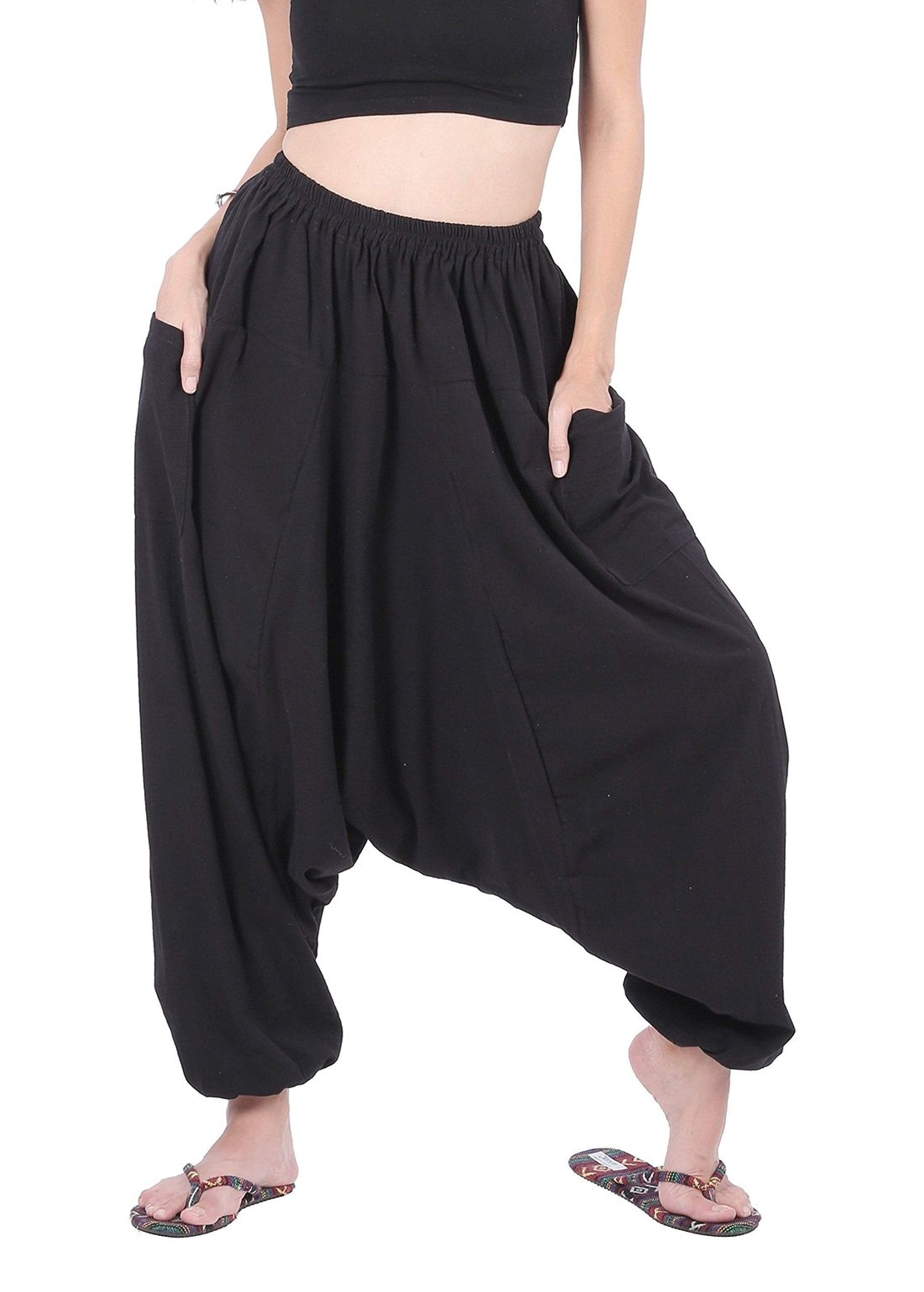 Whitewhale Men's Nero Wo Cotton Baggy Hippie Boho Gypsy Aladdin Yoga Harem Pants Black