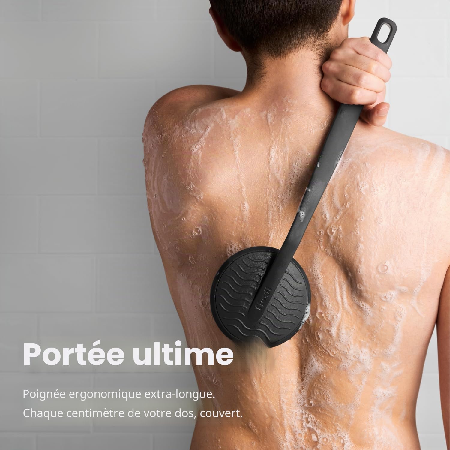 flexii® Brosse à dos en silicone – Brosse à dos à manche extra long de qualité supérieure pour douche, exfoliante en profondeur, nettoyage en profondeur, durable pour homme et femme