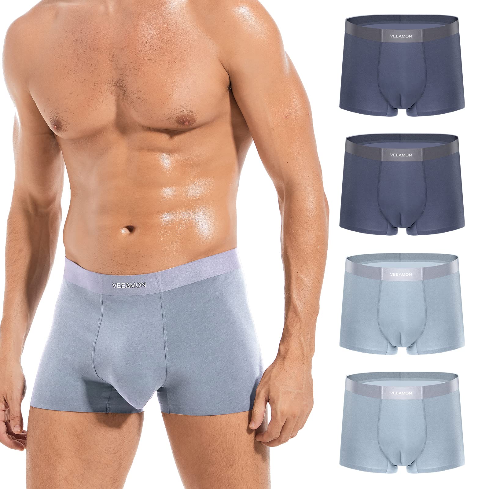 VEEAMON Men's Cotton Stretch Boxer Briefs Seamless Underwear Moisture-Wicking Comfortable 4-Pack With Gift Box
