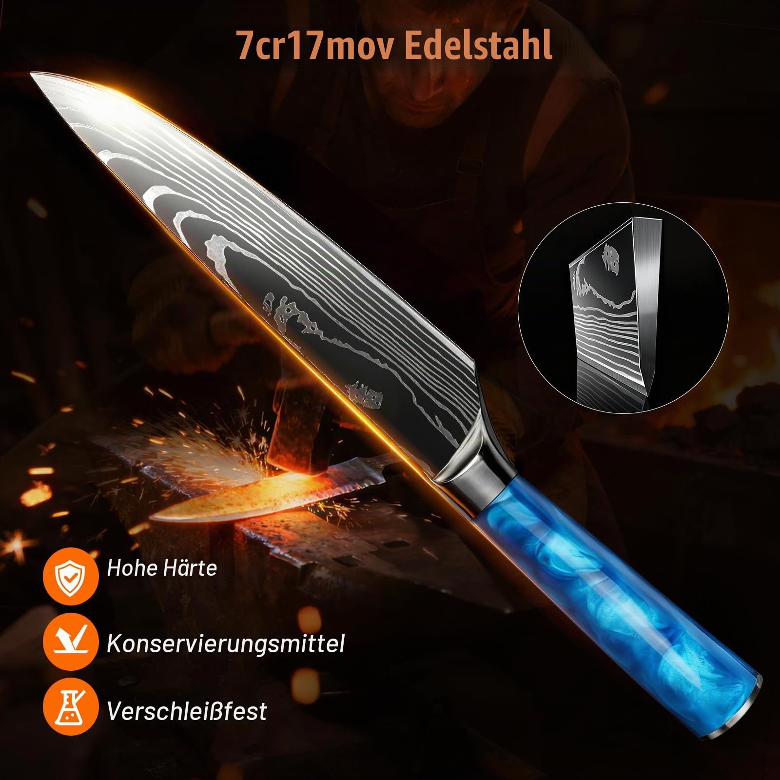 Messerblock Set, mit 10-teilige, Harzgriff, Kitchen knife Set mit Kochemesser, Brotmesser, Santokumesser, Schälmesser, Damast-Muster, Profi Kochmesser Set Geschenkbox (Blau)