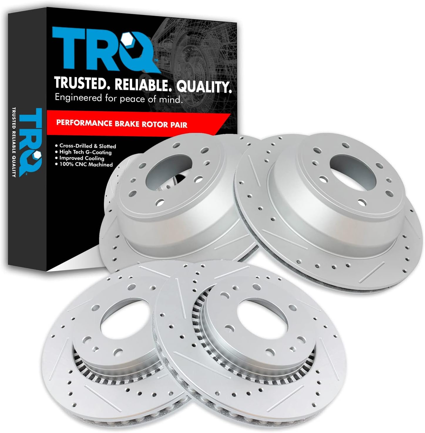 TRQ Front & Rear Brake Rotors Set Performance Premium G-Coated Slotted X Drilled Compatible with 2006-2007 Buick Rainier 2006-2009 Chevrolet Trailblazer GMC Envoy 2006-2008 Isuzu Ascender