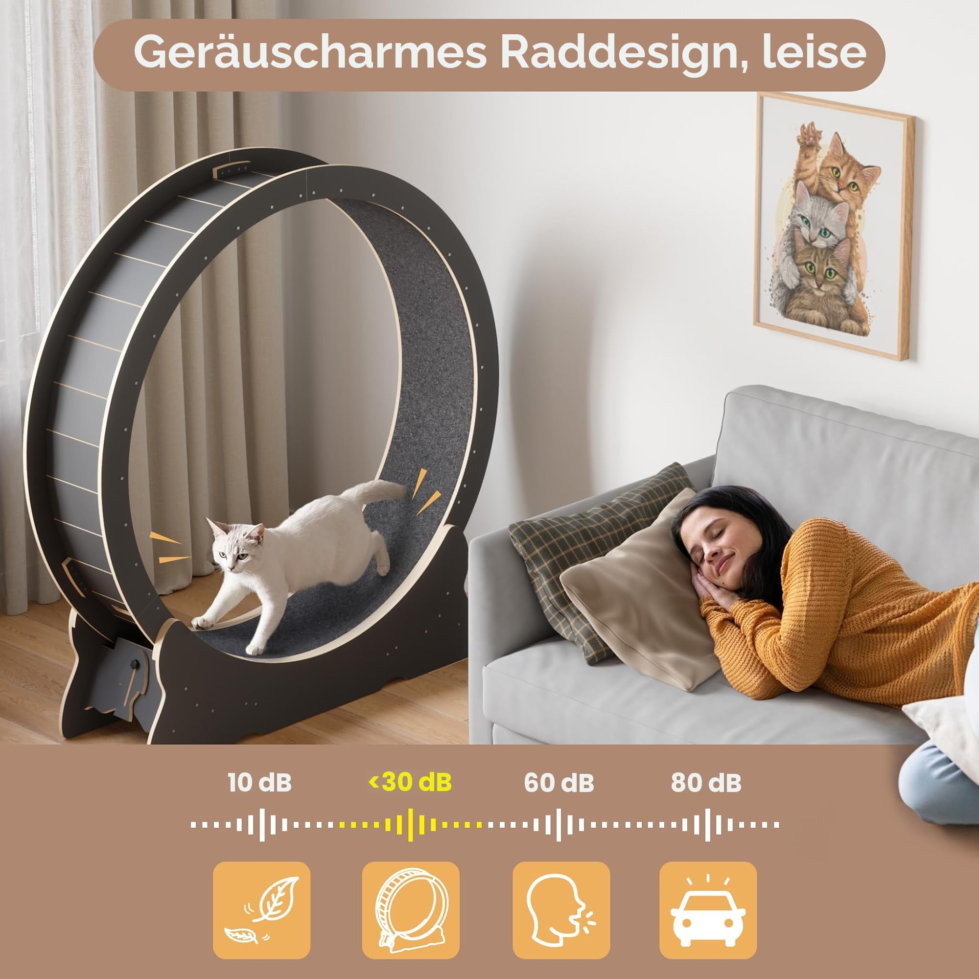 Mondeer Katzenlaufrad Indoor aus Holz, 110 cm, mit Teppich, Schwarz | Abnehmbarer Teppich, leicht reinigbar. Fördert Bewegung und Energieverbrauch, geeignet für aktive, verspielte Katzen.