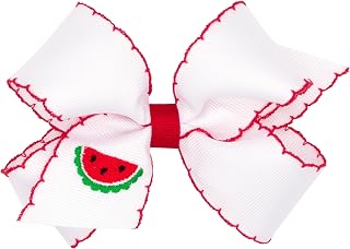 Wee Ones Girls' Farm and Fruit Themed Embroidered Grosgrain Hair Bow with Moonstitch Edge, Handmade, Medium, Watermelon