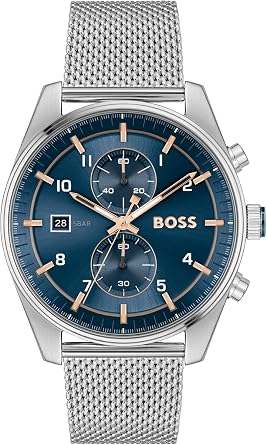 BOSS Skytraveller Mens 44mm Stainless Steel Chronograph Wristwatch - Water Resistant up to 5ATM/50 Meters, Sporty and Sophisticated