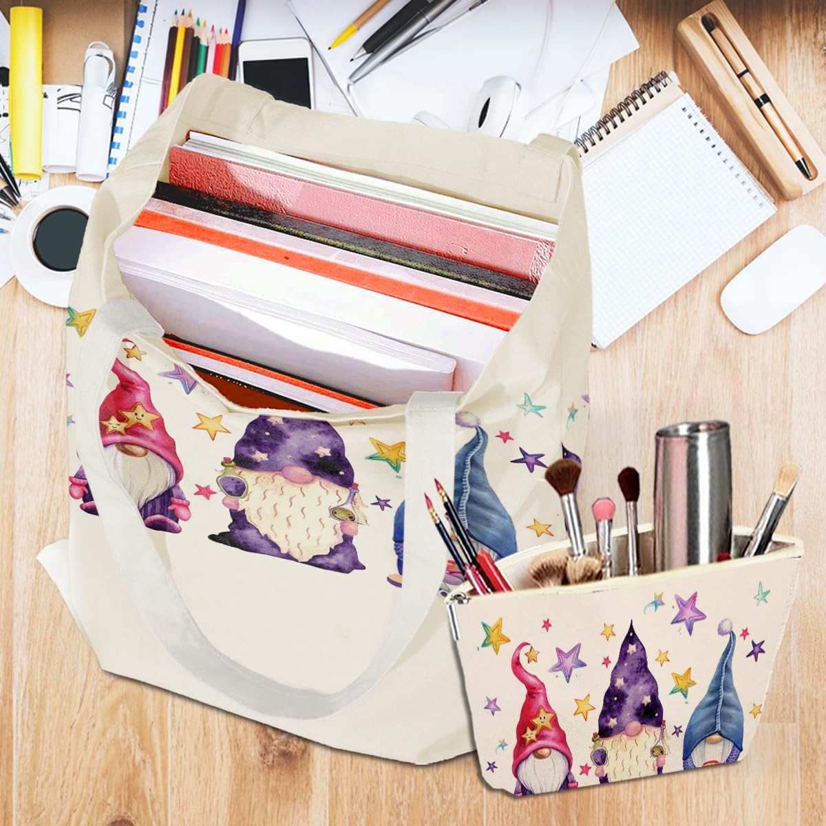 Watercolor Magic Gnome Star, 2PCS Makeup Cosmetic Bag Canvas Tote Bag Beach Bag for Shopping Work Office for Women Gnome Lovers Daughter Girl Friend Sister Bestie Friendship Christmas Birthday Gifts - Image 6