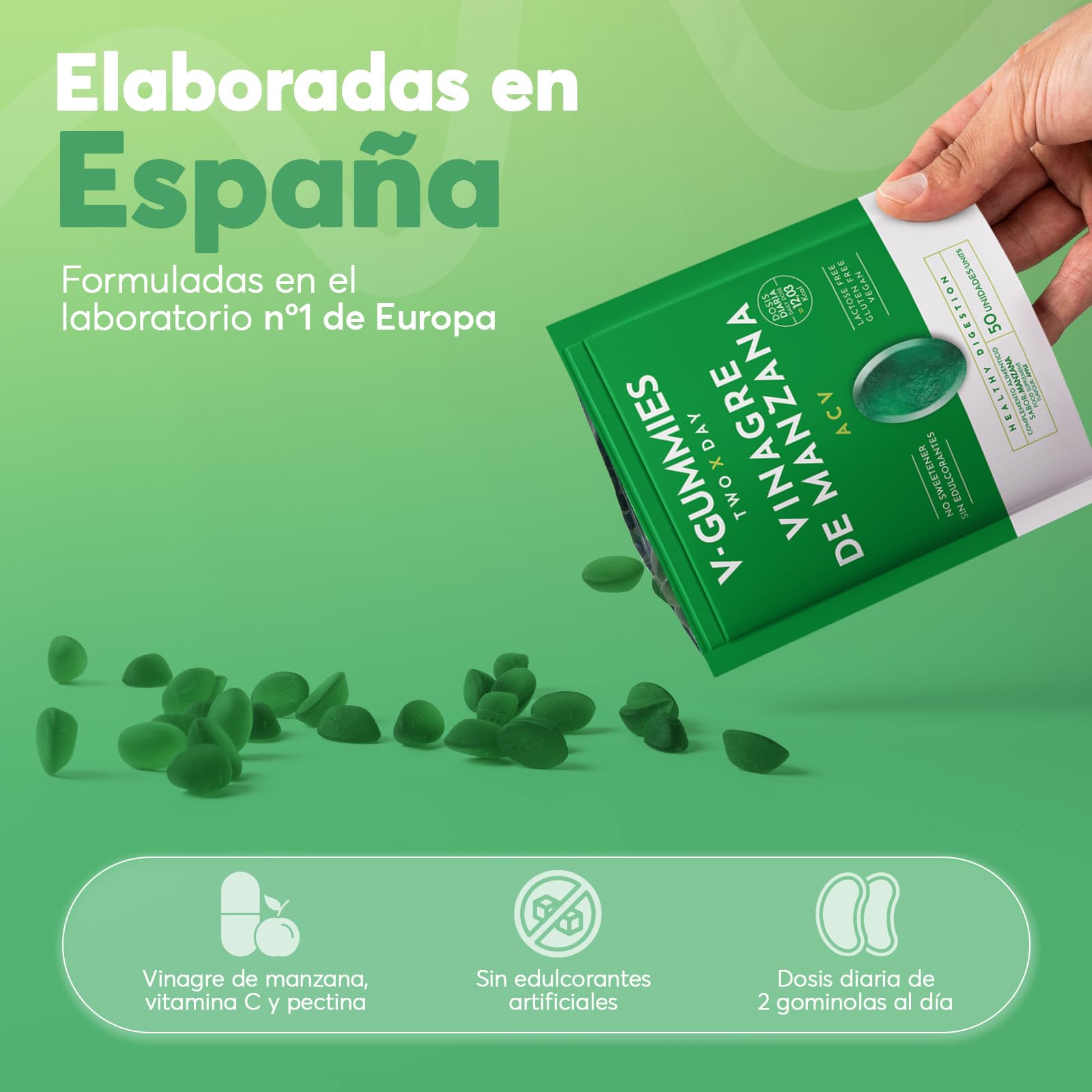 V Gummies - Gominolas de Vinagre de Manzana para Salud Digestiva - Apple Cider Vinegar Gummies - Sabor Natural a Manzana con Vitamina C y Pectina - 50 Unidades