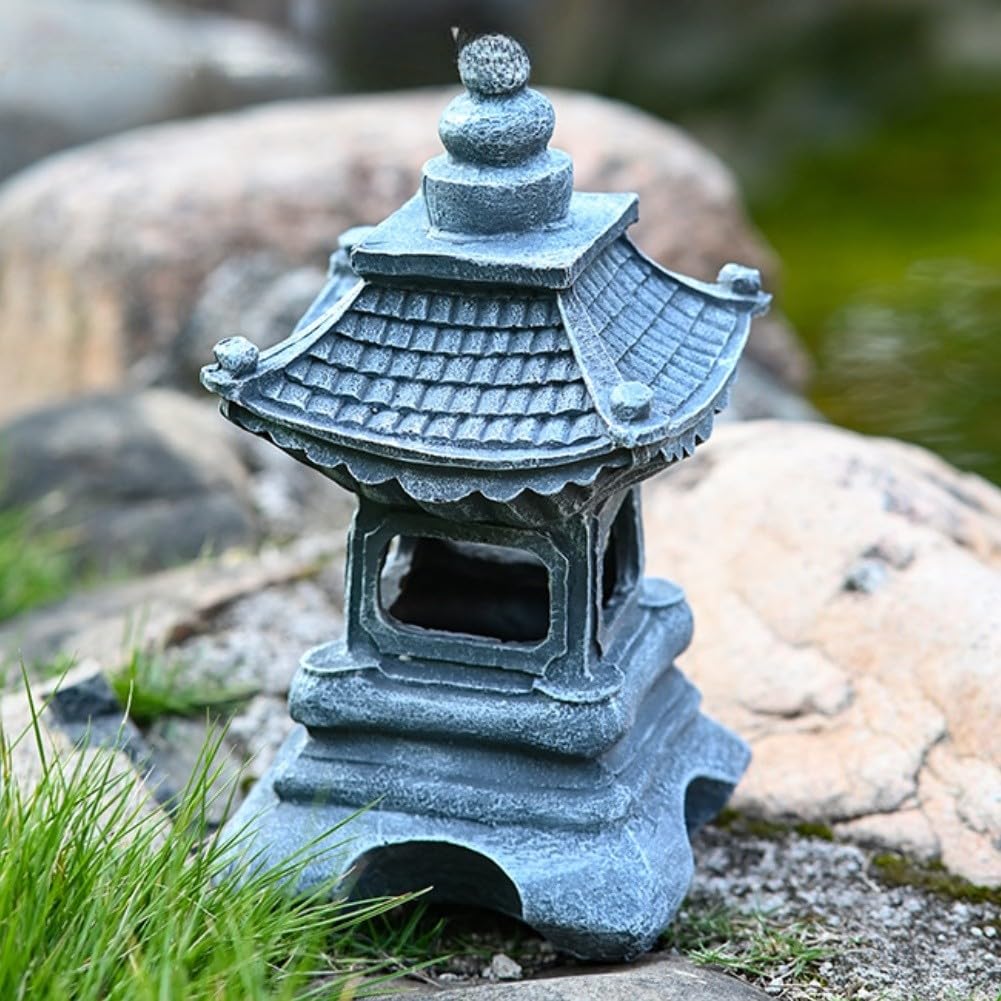 FACAIIO Statua da giardino a forma di pagoda solare con luce a LED, lanterna giapponese in resina zen per esterni, decorazione da cortile, patio, finitura in pietra resistente alle intemperie con