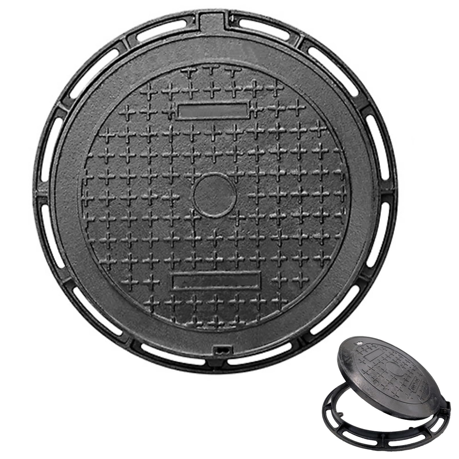 GJMSSMY Cast Iron Manhole Cover, Black Septic Tank Lid with Base, Round Drain Cover for Driveway & Yard, 10 Ton Load Capacity (90cm/35.4in)