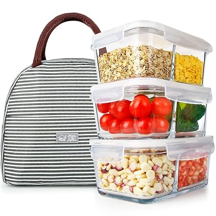 (3 Pack, 35.5oz) DAS TRUST Meal Prep Containers with Lunch Bag Glass Food Storage Containers 2 Compartments Dividers Bento Boxes with Leakproof Locking Lids, No BPA, Oven Microwave Dishwasher Safe
