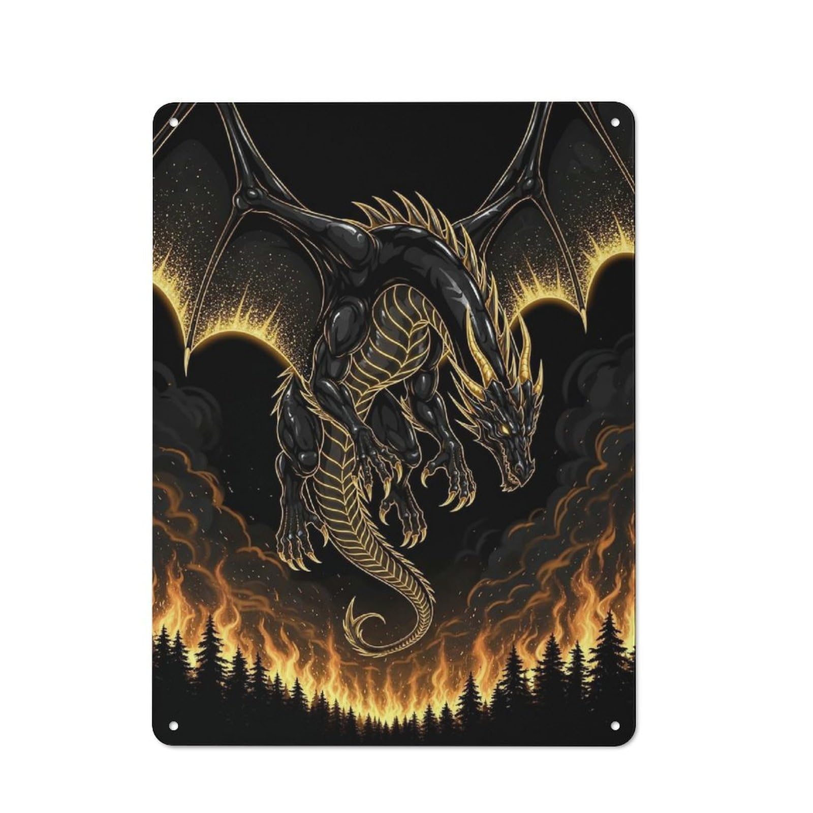 Workshop Style Garage Metal Sign 40x30cm Featuring Black And Gold Dragon Over Fire, Industrial Wall Art for Garage, Hobby Room, Office Or Man Cave