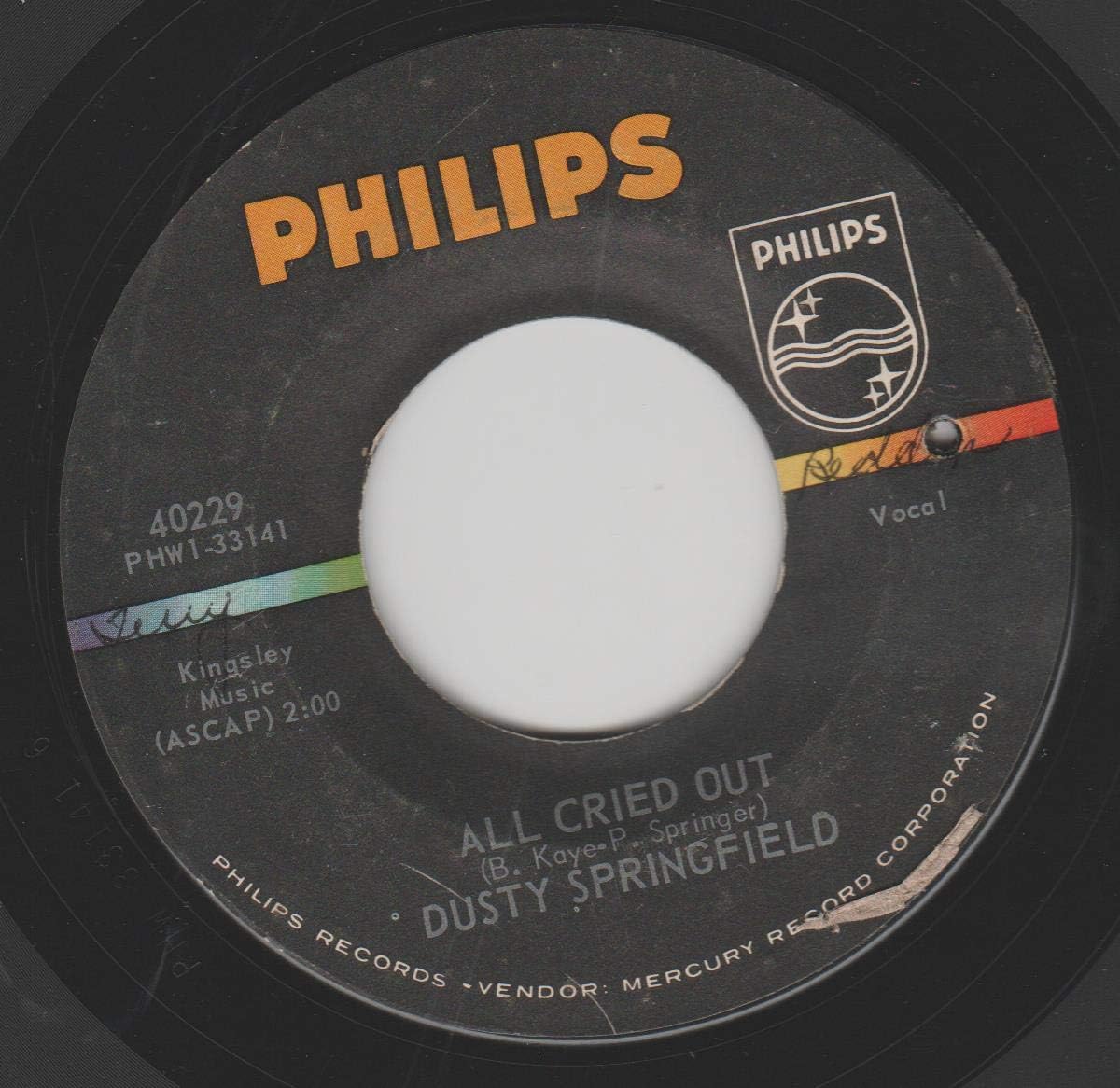 ALL CRIED OUT/I WISH I'D NEVER LOVED YOU/45/7" por Dusty Springfield — capa do álbum