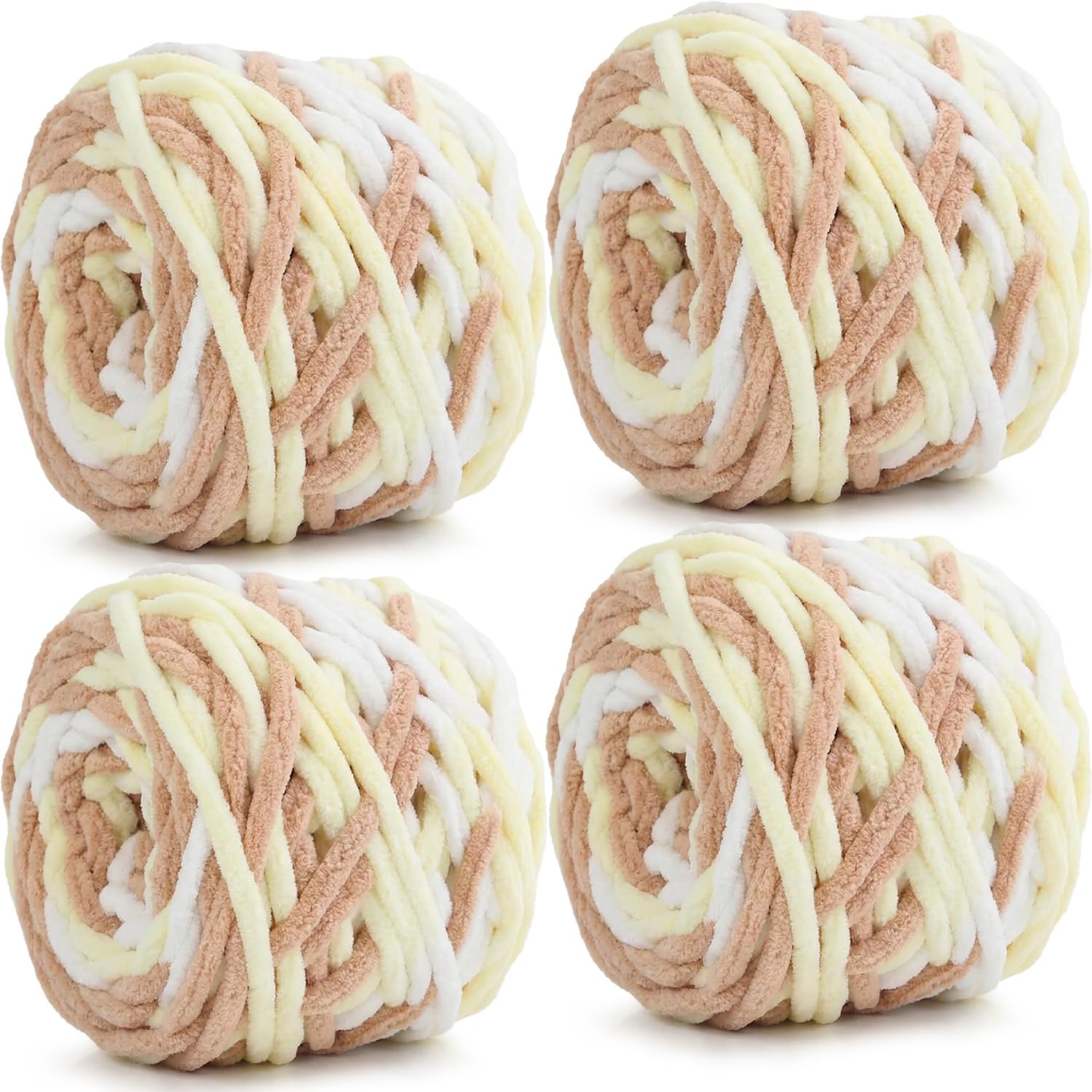 Xtrillogen Chunky Chenille Yarn 4 x 100g Balls,Soft Fluffy Multicolor Plush Wool for Crochet & Knitting Soft Thick Chunky Yarn Crochet Yarn for Blankets,Hats,Cushions(Khaki Yellow)