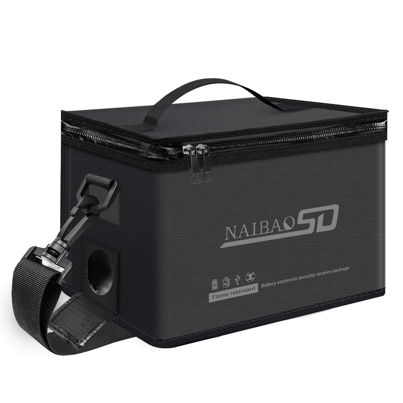 NAIBAOSD Fireproof Explosionproof Lipo Battery Bag for Lipo Battery Storage and Charging, Large Capacity Fire Resistant Detachable Shoulder Strap with Double Metal Zipper (11 x 8 x 6.5 in)