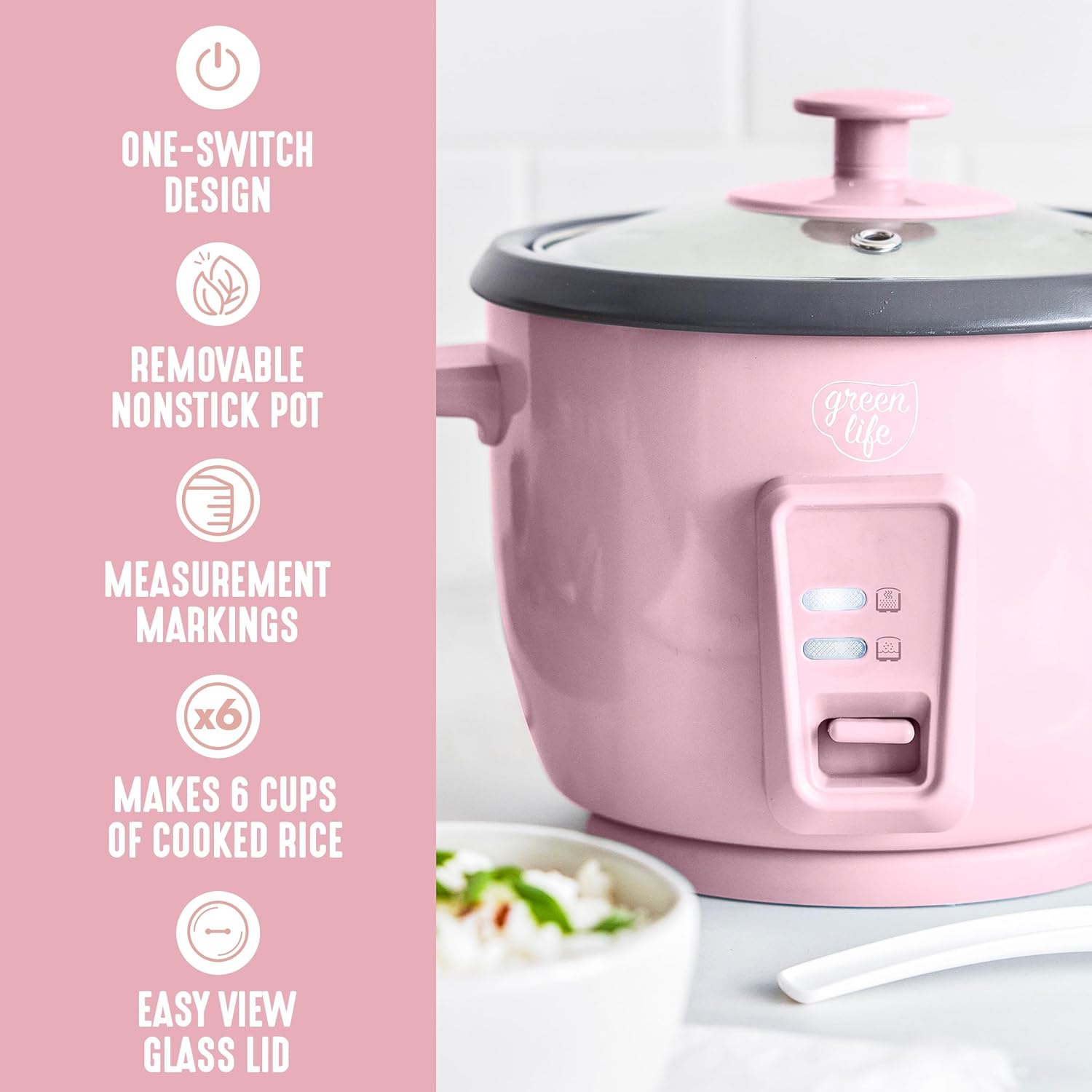 GreenLife Rice Cooker with Removable PFAS-Free Ceramic Nonstick Pot, 3-Cups Uncooked/6-Cups Cooked, Grains & Oatmeal Multicooker, Compact One-Switch Design, Auto Keep Warm, Easy Clean, Pink